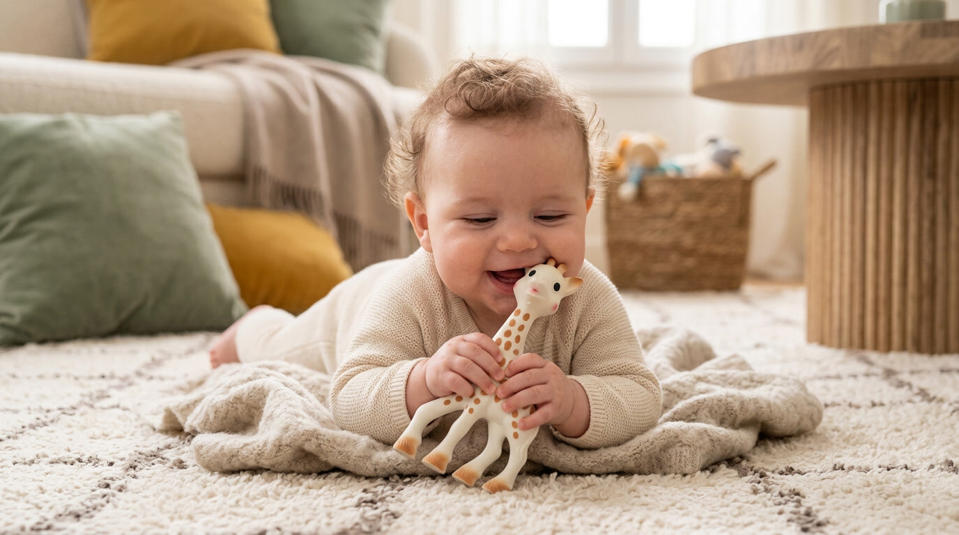 Cute baby chewing on teething ring for 2 month old