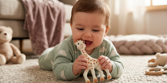 Cute baby boy using a Sophie the Giraffe toy as one of his favorite teething rings for 3 month old babies.